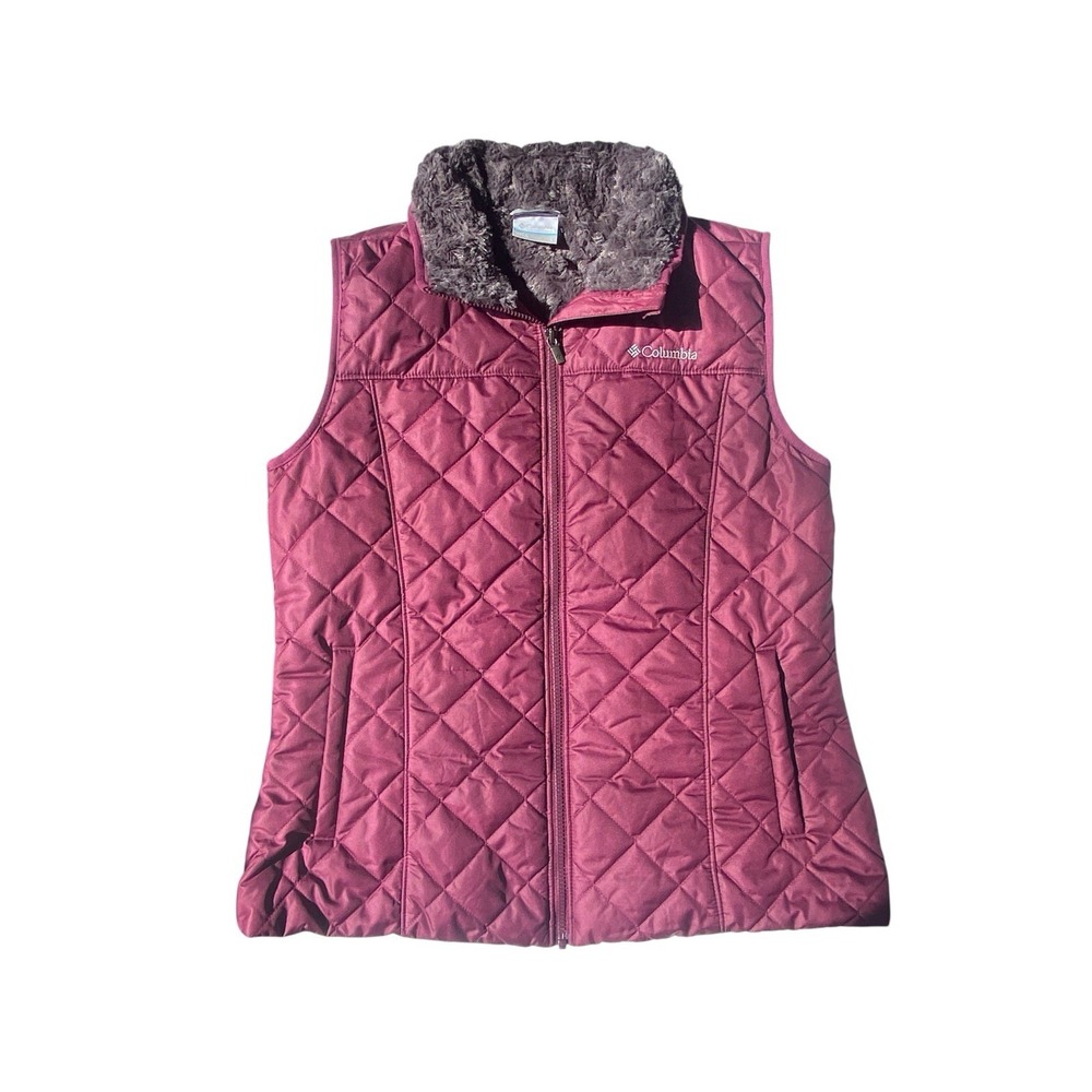 Columbia Womens Quilted Vest Large Burgundy Fleece Lined Full Zip Outdoor Hiking